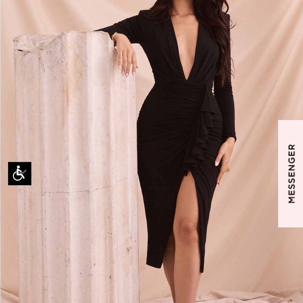 MIRA BLACK DEEP PLUNGE MIDI DRESS - Picture 7 of 15